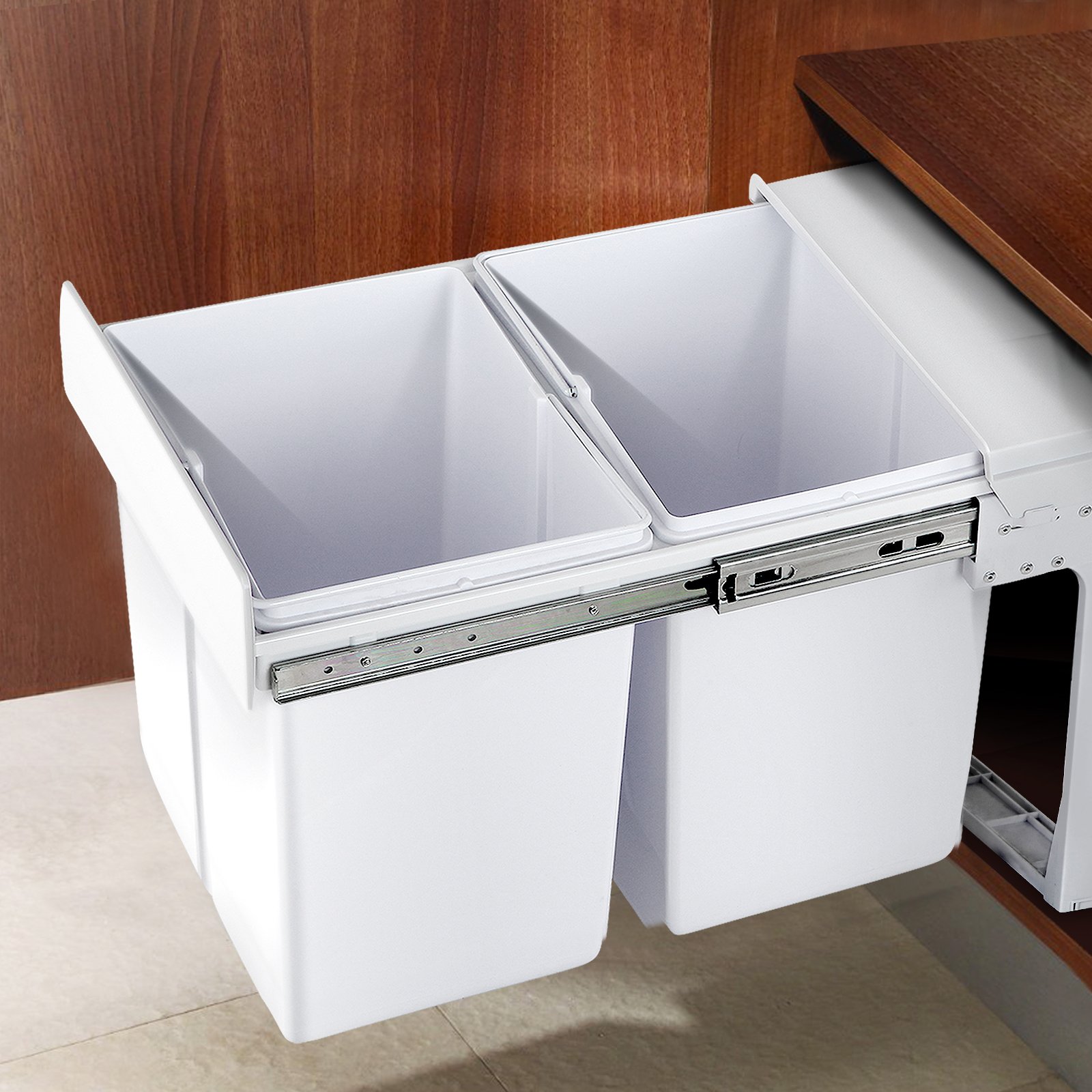 Cefito 2x15L Pull Out Bin in white, featuring dual compartments and removable lids for waste separation.